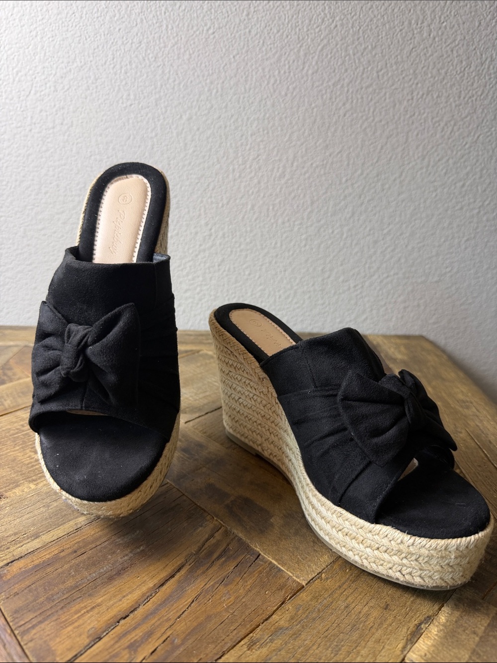 Size 8 Black Bow Espadrille Wedge Mules
